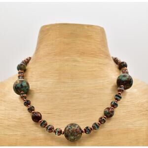 Vintage Collar Beaded Necklace Crystal Blue Bronze Round Artisan Chunky Bin7B